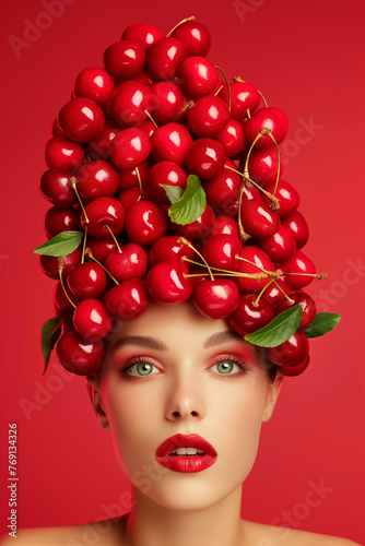 Woman with cherry headpiece and matching makeup against a red background