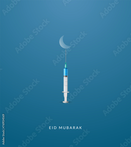 Eid Mubarak creative concept. Syringe and mosque with Eid moon, Background for Medical or Hospital shop for Ramadan and Eid celebration poster, Eid Mubarak creative design for social media post.