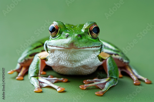 A frog poses for a portrait in a studio with a solid color background during a pet photoshoot.