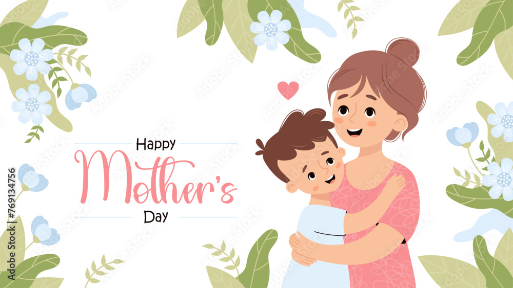 Mother's Day poster. Happy woman mom hugs son on white background with blue flowers. Horizontal festive floral banner. Vector illustration