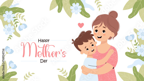Mother's Day poster. Happy woman mom hugs son on white background with blue flowers. Horizontal festive floral banner. Vector illustration