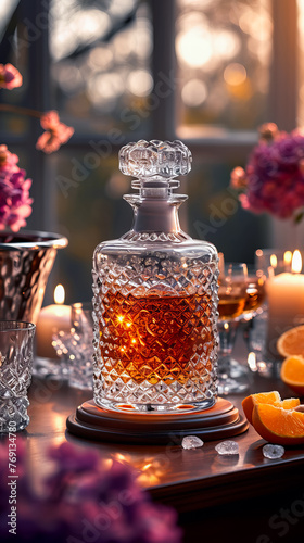 Whiskey in Crystal Decanter. Luxury Bourbon