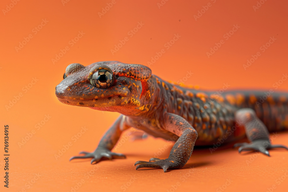 Obraz premium A purebred newt poses for a portrait in a studio with a solid color background during a pet photoshoot.