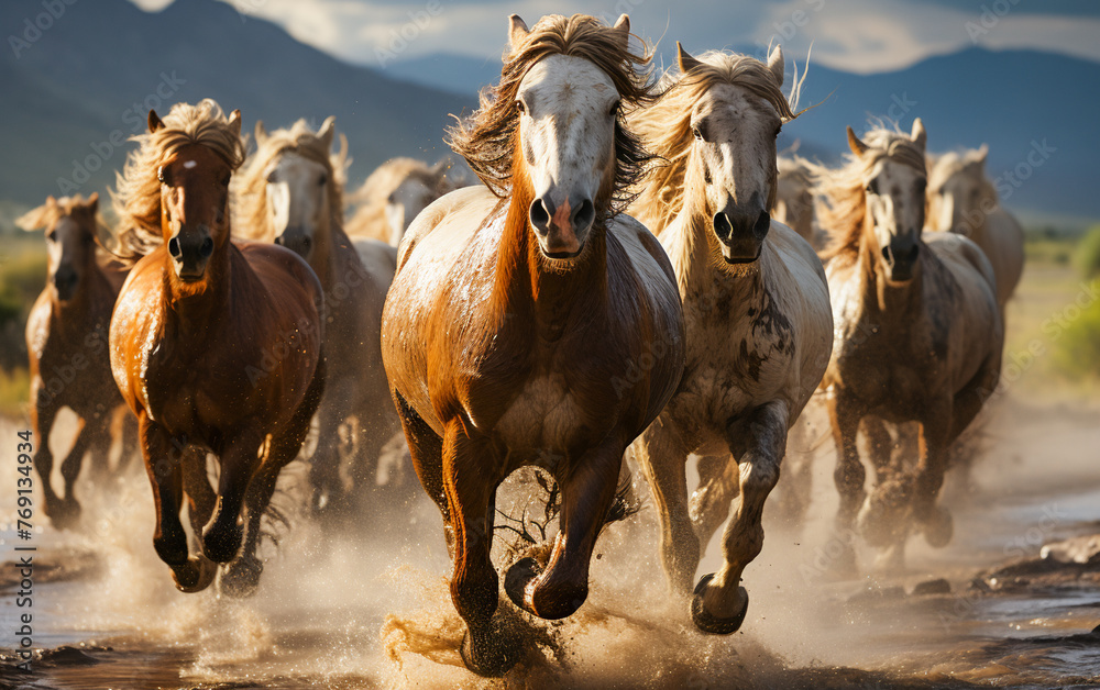 Obraz premium Wild Horse Herd Galloping Through the Rugged Wilderness