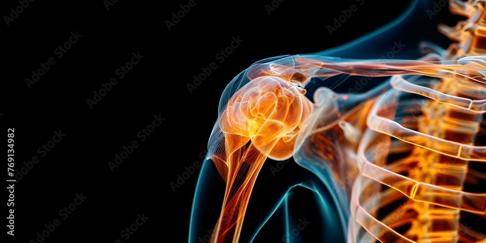 Anatomical overlay of shoulder joint showing muscles tendons and bones highlighting areas of pain and inflammation. Concept Anatomy of Shoulder Joint, Muscles and Tendons, Inflammation Points - obrazy, fototapety, plakaty 