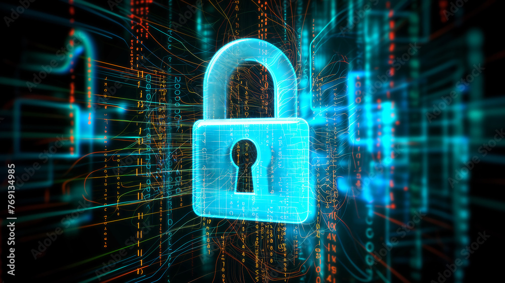 Glowing digital padlock with a dynamic data code background, highlighting internet security Glowing digital padlock with a dynamic data code background, highlighting internet security