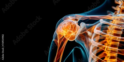 Anatomical overlay of shoulder joint showing muscles tendons and bones highlighting areas of pain and inflammation. Concept Anatomy of Shoulder Joint, Muscles and Tendons, Inflammation Points photo