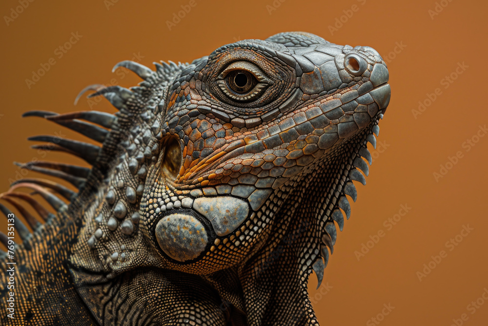 A purebred lizard poses for a portrait in a studio with a solid color background during a pet photoshoot.
A purebred lizard poses for a portrait in a studio with a solid color background during a pet photoshoot.