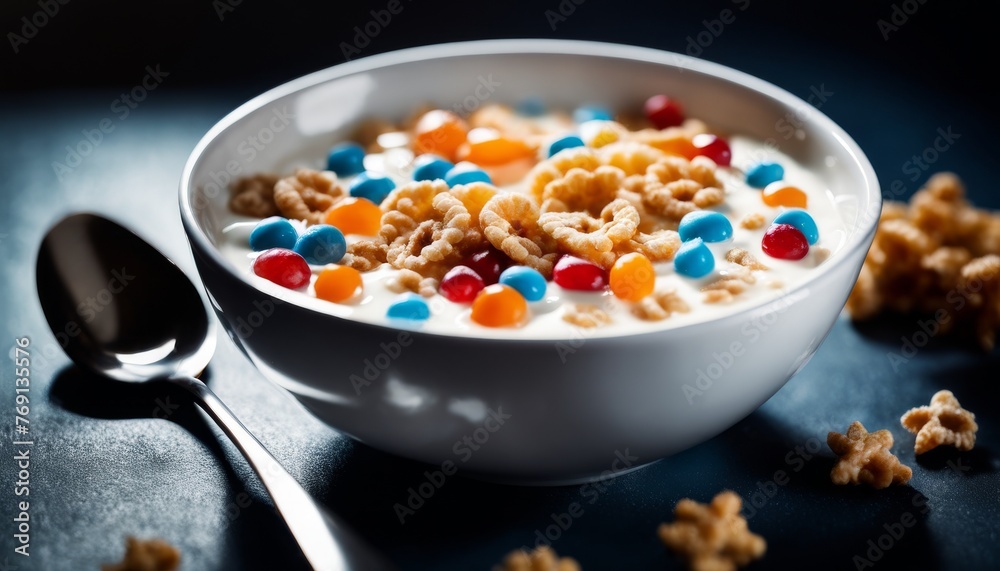 A bowl of crunchy cereal mixed with colorful candies and milk, creating a playful and vibrant breakfast choice on a dark background, showcasing texture and color contrast