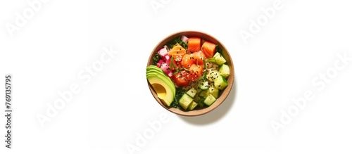 poke bowl with salmon on white background. Top view
