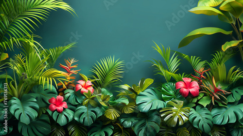 Tropical green foliage with bright red flowers with copy space