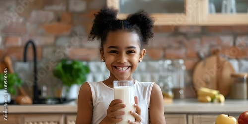 African girl in kitchen flexing muscles smiling holding glass of milk promoting health and nutrition. Concept Cooking & Healthy Eating, Kitchen Fun, Fitness Enthusiast, Milk Promotion photo