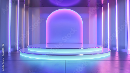 Beautiful modern futuristic podium with integrated lighting in light blue and purple colors for product presentation. Generative Ai