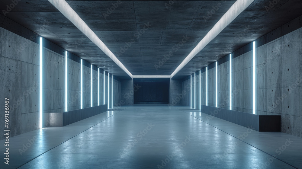Dark concrete garage background, inside futuristic modern room or hall, underground tunnel with white led light. Concept of studio, interior, warehouse