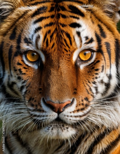 Intense close-up of a tiger s face  capturing the vivid orange fur and striking stripes  with a penetrating gaze that commands attention.