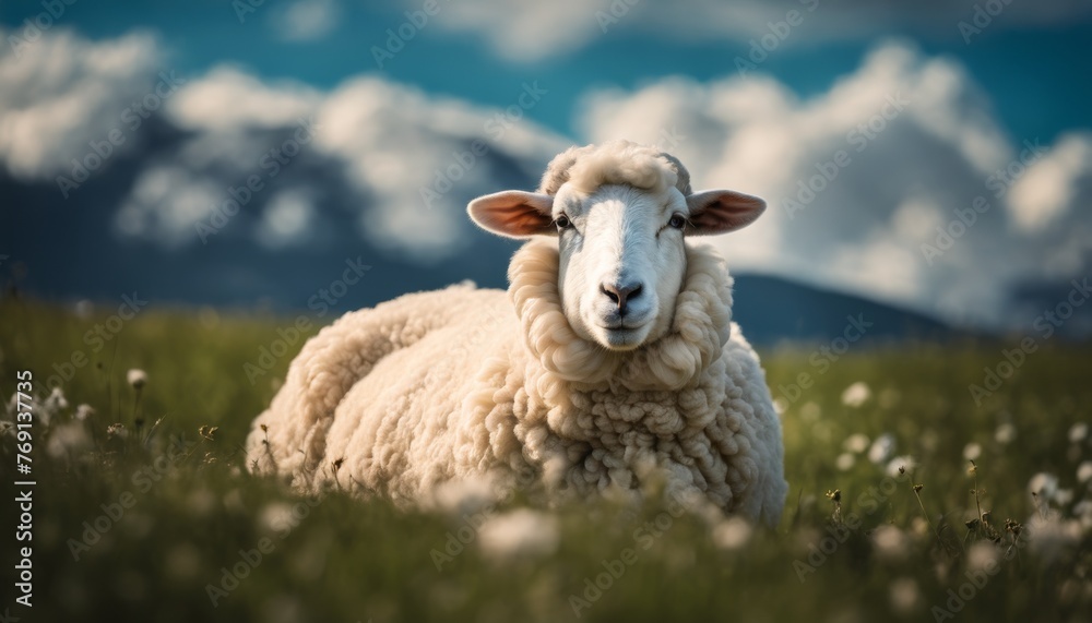 A serene sheep lounges in a pastoral setting, its fluffy wool contrasting with the deep blue sky and mountainous backdrop.