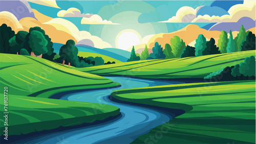 A painting depicting a river meandering through a vibrant green field