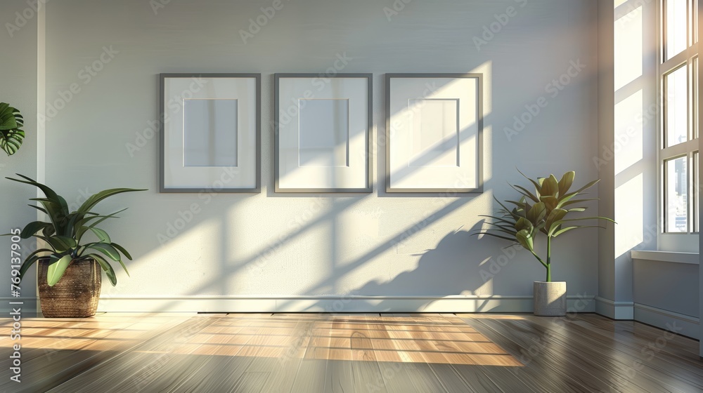 Fototapeta premium Four Empty Landscape Frames on a Gallery Wall Generative AI