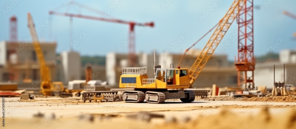 illustration of a yellow crane constructing a building