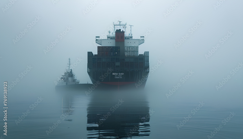 sea container ship in fog in the port sea container ship in fog in the port