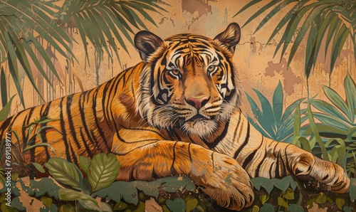 An extinct Javan tiger depicted in a detailed mural