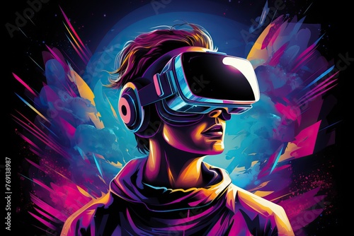 illustration of woman with virtual reality glasses, goggle gadget photo
