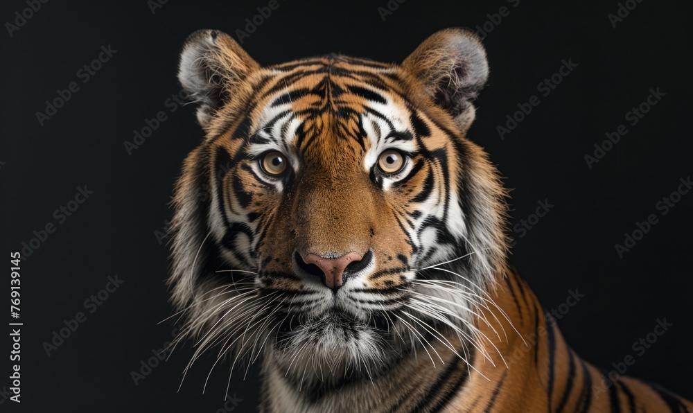 Close-up of a Bengal-Siberian tiger hybrid in studio lighting, tiger on black background