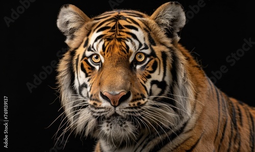 Close-up of a Bengal-Siberian tiger hybrid in studio lighting, tiger on black background © TheoTheWizard