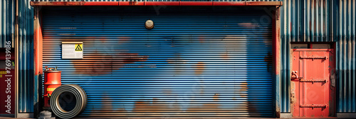 Vintage Metallic Shutter Door on Industrial Building, Textured Steel Surface with Rusty Aesthetic, Security Concept