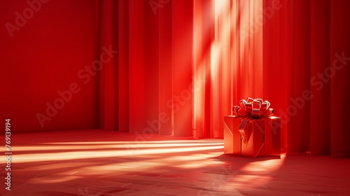 Striking Red Background with a Beautifully Wrapped Gift Generative AI