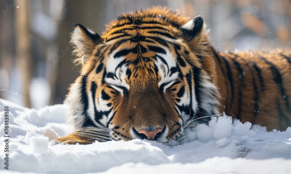 Obraz premium Close-up of a Siberian tiger resting in the snow