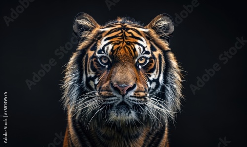 Close-up of a Siberian tiger s face under studio lights