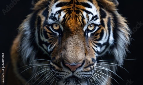 Close-up of a Siberian tiger's face under studio lights