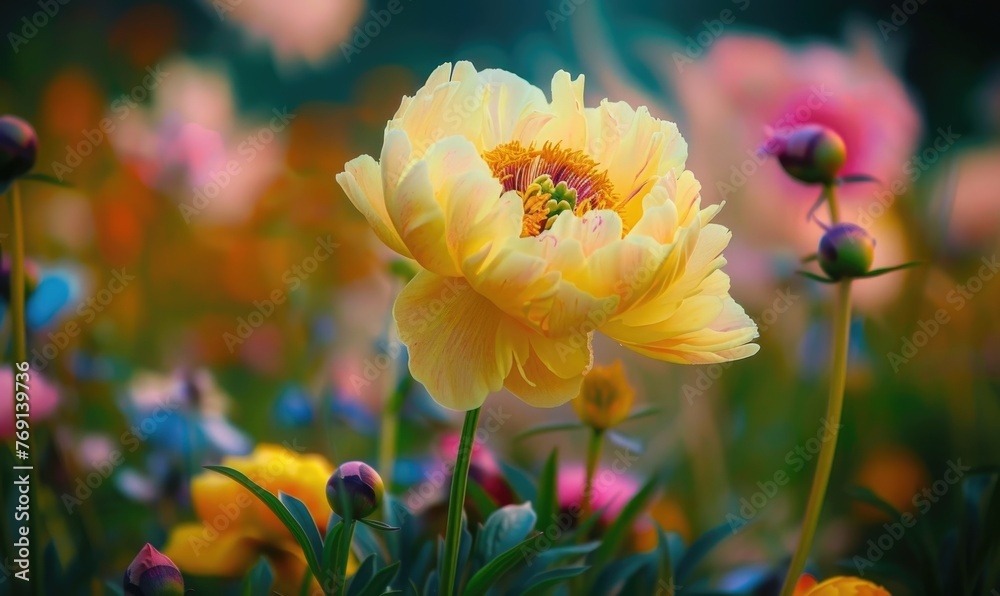 Close-up of a yellow peony blooming in the garden