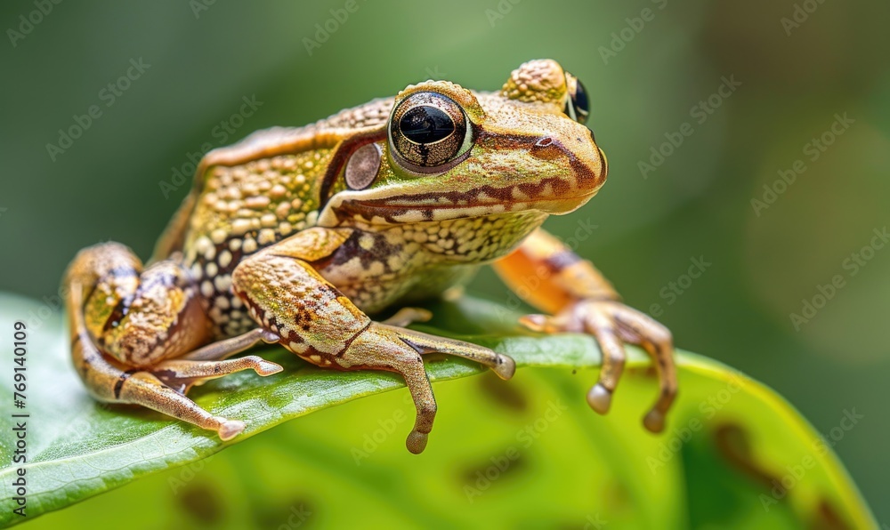Fototapeta premium Close-up of Rana arvalis perched on a leaf
