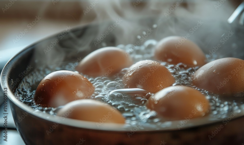 Eggs boiling in a pot of water, closeup view Eggs boiling in a pot of water, closeup view