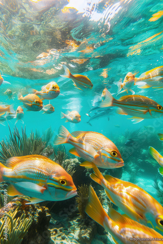 buceadores a bombona con traje de buceo buceando con bombona en el paraí­so rodeados de muchos peces y seres marinos © Julio