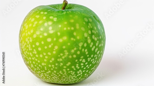 a close up of a green apple with a white spotty pattern on the outside of it and a white background. photo