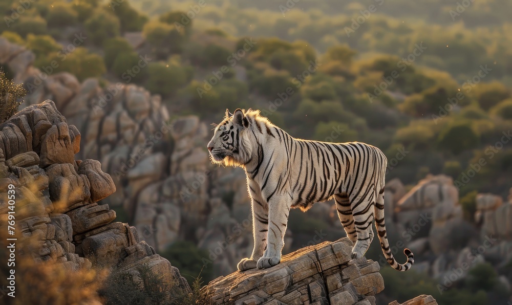 Fototapeta premium A white tiger standing tall on a rocky outcrop