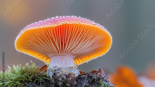 a close up of a mushroom on top of a mossy plant with drops of water on the top of it.