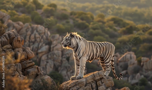 A white tiger standing tall on a rocky outcrop