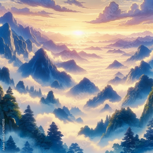 Anime background illustration depicting a dramatic clouds pattern over a hill, creating a captivating landscape scene.  © Elshad Karimov