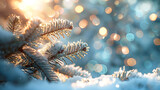 Beautiful winter background image of frosted spruce branches and small drifts of pure snow with bokeh Christmas lights and space for text. Generative Ai