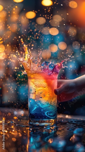 Close-up of bartender hand mixing cocktail with splash on blurred background