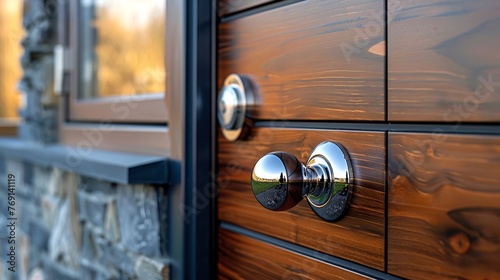 A modern door knob on a wooden sleek, contemporary door. Door handle. Concept of home entrance, warmth, cozy ambiance, welcoming spaces, and hospitable areas.