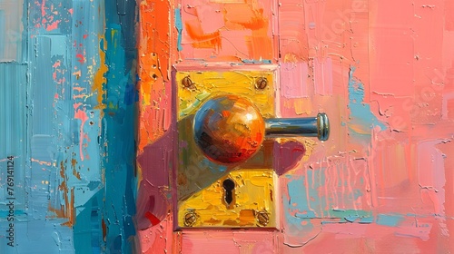 Colorful door with painted doorknob. Artistic door handle on an abstract background. Concept of artistry, creativity, vibrant designs, and expressive decor. Oil painting style, Art
