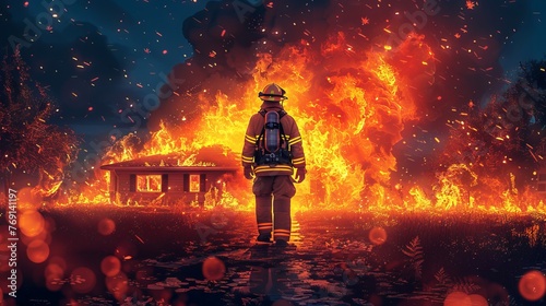 Firefighter approaching fully engulfed home at night. Heroic firefighter ready to tackle a catastrophic residential fire. Concept of bravery, emergency action, peril, and firefighting. Artwork