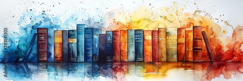 Panel kuchenny z motywem Books in a row. A colorful assortment of books. Concept of education, reading, knowledge, and library collection. Banner. Bright Watercolor illustration. Aquarelle splash