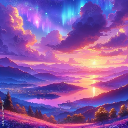 An anime-style oil painting featuring a beautiful landscape with a sunset sky filled with colorful clouds in shades of purple, creating a magical and captivating view perfect for wallpaper. © Elshad Karimov