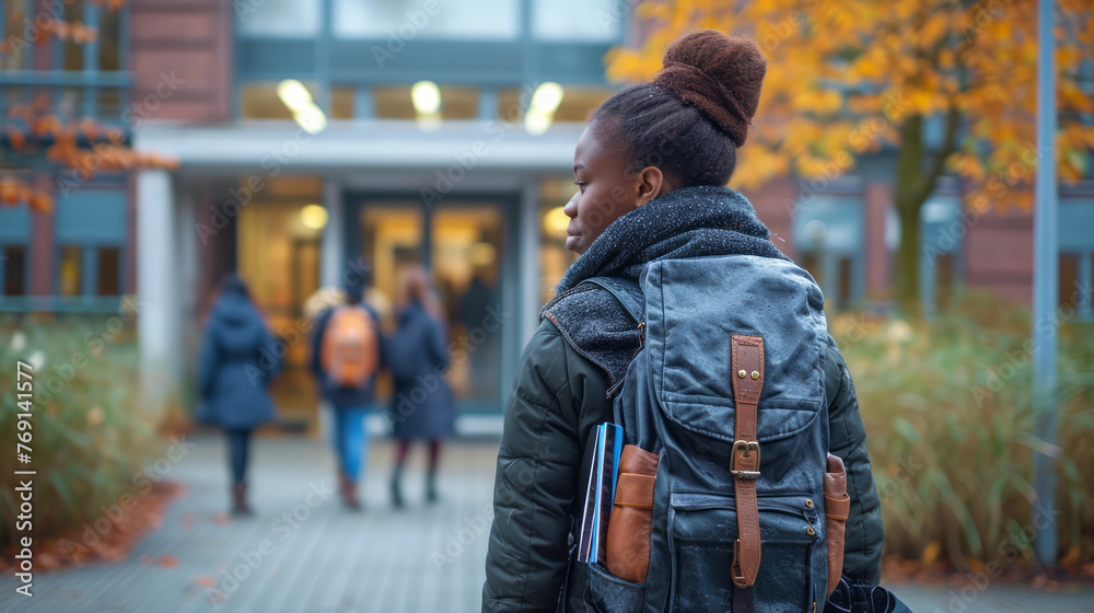 Beautiful Black female student refugee with backpack at university. Young woman. Back view. Concept of academic aspirations, new beginnings, immigrant education, refugee integration, diversity